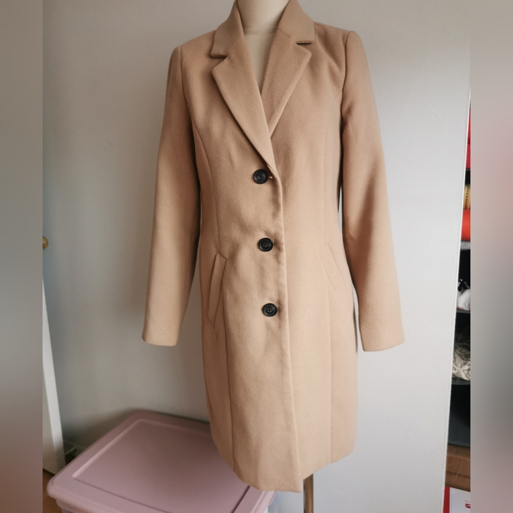 Womens Camel Single-Breasted Wool-Blend Coat